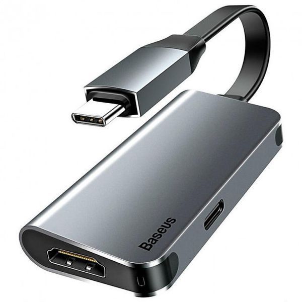 Переходник Baseus Little Box CAHUB-E0G Type-C to HDMI + Type-C Smart HUB Converter Grey 1216095243 фото