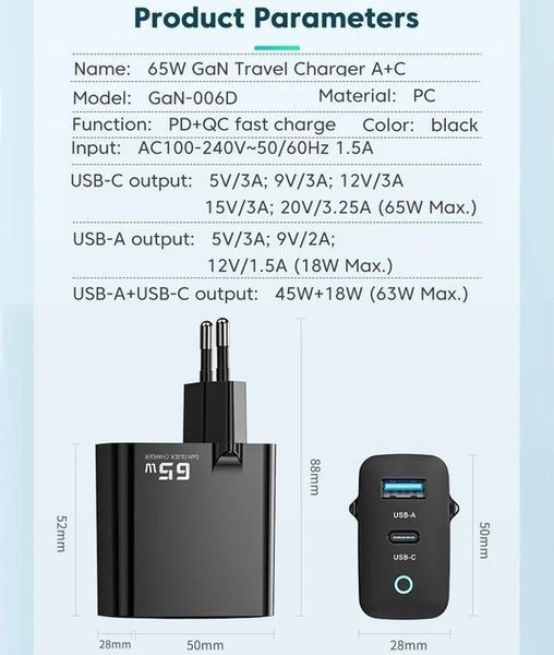 Зарядний пристрій Toocki Gan Quick Charger 65W Black 1937641820 фото