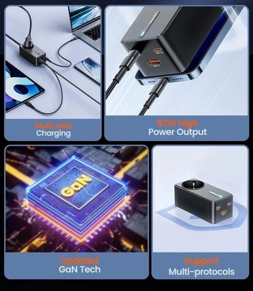 Зарядний пристрій Toocki Power Adapter Socket 67W 2xType-C, 1хUSB + AC Outlet 1959844188 фото