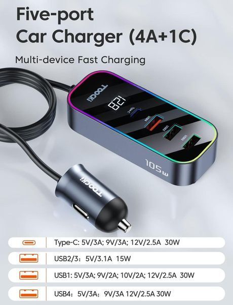 Автомобільний зарядний пристрій Toocki Multi-Port Quick Charging Car Charger 4A1C 105W 2013172772 фото