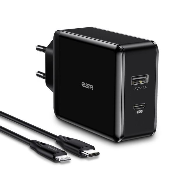 Зарядное устройство ESR PD Charger 30W USB-C + USB Black с Type-C - Lightning кабелем MFI 1817627900 фото