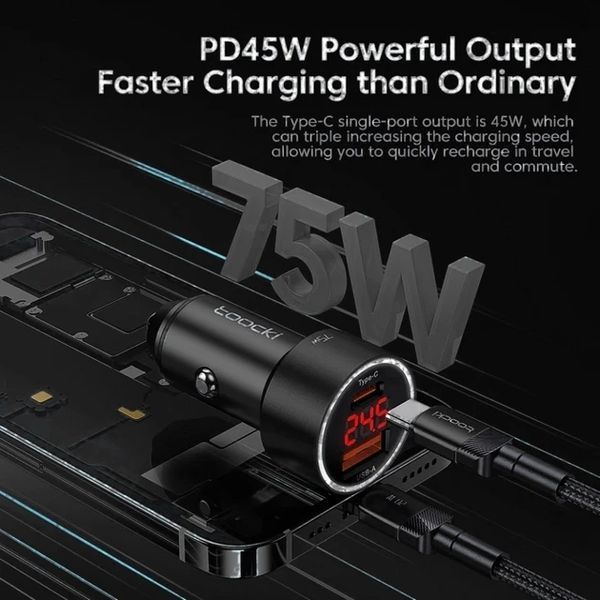 Автомобільний зарядний пристрій Toocki 75W Car Charger Type-C 45w + USB-A 30w Metall 1821649261 фото